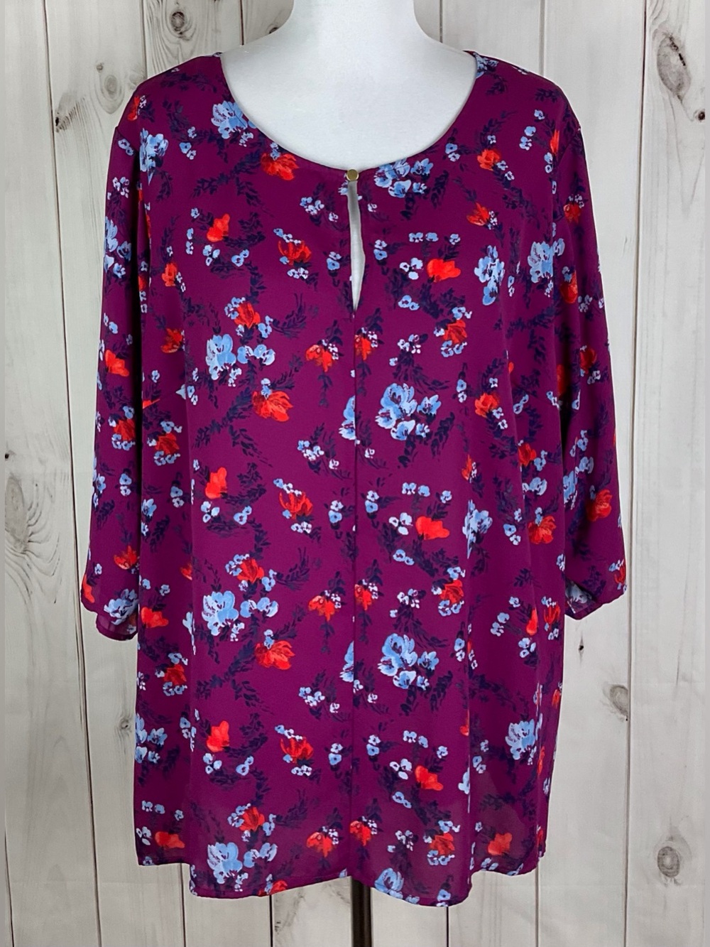 Ava & Viv Tunic Top Woman Plus Size 2X Multicolor Floral Keyhole Neck 3/4 Sleeve